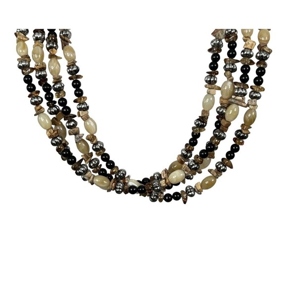 Beaded 4 Strand Chain Necklace Hook 27" Long Extend 11" Brown Tan Chip Round - Picture 2 of 9